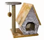 Домик для кошек Yami-Yami "Лесная Избушка" со столбиком и пумпоном 61,5*42,5*55см бежевый, сизаль